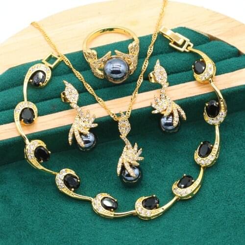 New Arrivals Gold Color Pearl Jewelry Set for Women Black Zircon Bracelet Earrings Necklace Pendant Ring Christmas Wedding Gift