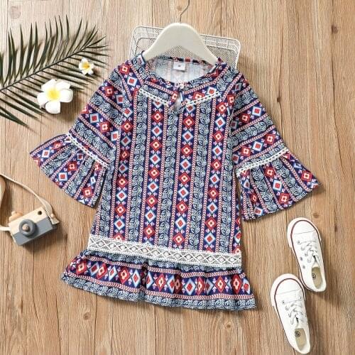 Girl Clothing Spring Autumn Falre Sleeve Polyester Cotton Print Striped Girl Dress For Chidren 1 To 6 Years