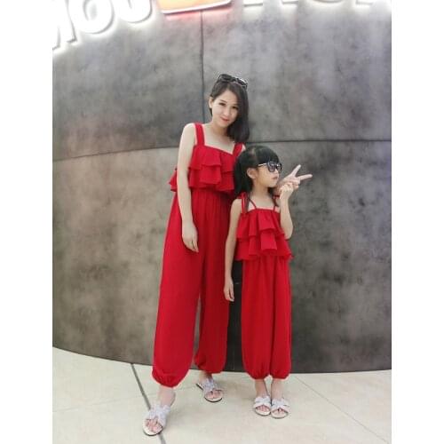 Matching Family Outfits Summer Girl Sleeveless Sling Top Wide Leg Pants Sets Mom Red Onesies Family Look Mother Daughter Clothes