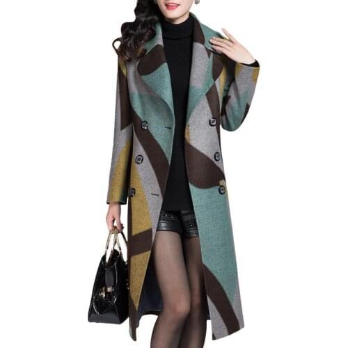 Women lattice Woolen Coat 2020 New Female Autumn Winter Wool Jacket Middle-aged Double Breasted Long Woolen Overcoat A456
