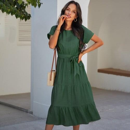 Setiadia Summer Sexy woman Solid color Dress Short sleeve midi Dresses green streetwear Clothes For Fashion Womans Clothing2021
