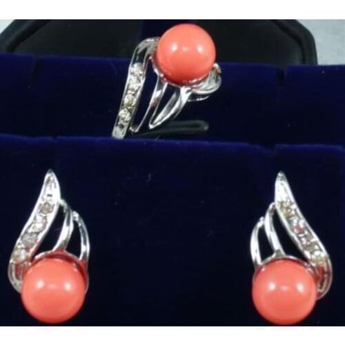 Can select colour Prett Lovely Womens fast shipping>> Noble jewelry Pink Shell Pearl Earring Ring8# Set AAA