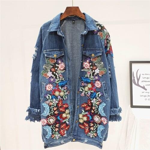 Harajuku Heavy work Flower embroidery Hole Denim jacket Women Streetwear Autumn Mid-length Loose Casual Jean coat Chaqueta Mujer
