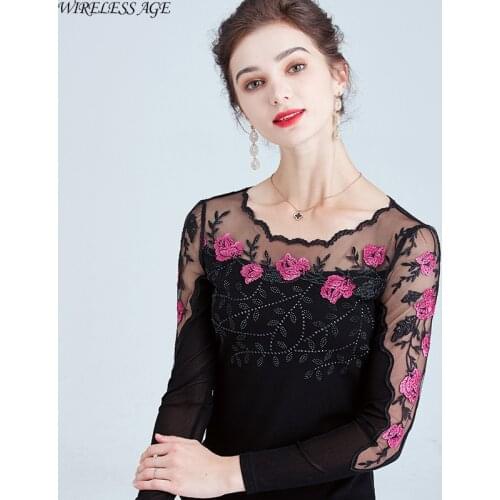 WIRELESS AGE T Shirt Women Long Sleeve Round Neck Lace Mesh Embroidery Flowers Slim Commute Womens Tops New Summer Fashion Wild
