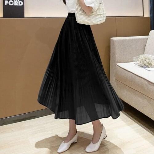 2021 summer new Korean chiffon mid-length super fairy solid color high waist thin pleated skirt female a-line skirt