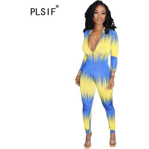 Women fashion yellow blue deep v neck jumpsuits sexy tight night club party bodysuits high street overalls