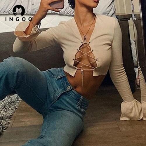 INGOO Drill Chain Slim Crop Tops Women Sexy Club Hollow Flared Long Sleeve Cross Bandage T-shirt Solid Y2K Casual Street Outfits