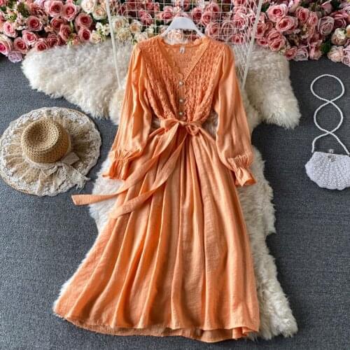 2021 Summer New Light Mature Wind Mid-Length Orange High-Waist Lace Up Temperament Puff Sleeve V-Neck Dress Elegant Elbise zh434