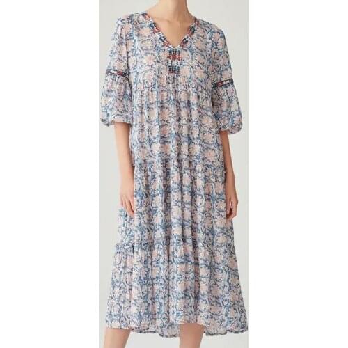 TEELYNN puff sleeve v neck midi tunic dress women 2020 vintage blue cotton floral print embriodery long autumn dresses boho robe