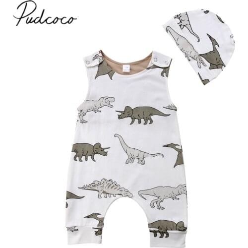 2018 Brand New Newborn Infant Baby Toddler Romper Infant Boy Girl Dinosaur Jumpsuit Sleeveless Sunsuit Clothes Hat 2Pcs Outfits