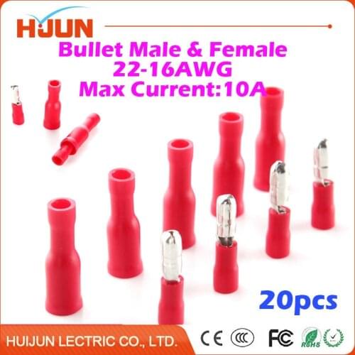 20pcs/lot Bullet-Male & Female Quick Disconnect Cable Wire Splice Insulation Terminal Connector 22-16AWG 0.5-1.5mm2 10A
