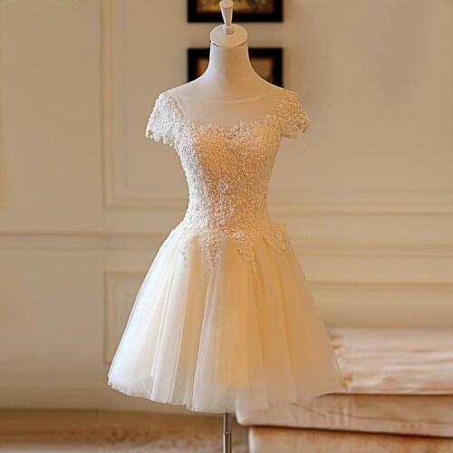 2020 New Arrival Champagne Cocktail Dresses tulle with Floral Applique Beads Party Dresses Short Prom Dress