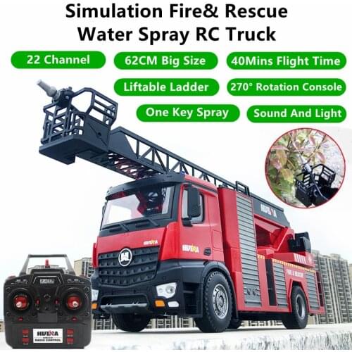 22-CH Simulation Ladder Fire Truck One Key Spray Water 270 Degree Rotation Console Liftable Ladder 40Mins Sound And Light RC Toy