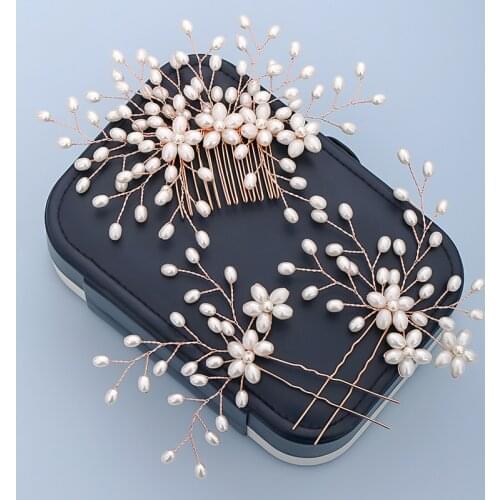 3PCS/Set Pearl Bride Wedding Hair Accessories Pearl Hair Comb And Clips Hairpins Set Rose Gold Hair Jewelry For Women