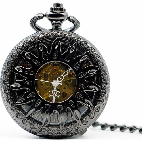 5pcs/lot Vintage Sun Flower Hollow Mechanical Pocket Watch Men Antique Skeleton Hand-winding Fob Watch Chain PJX1223