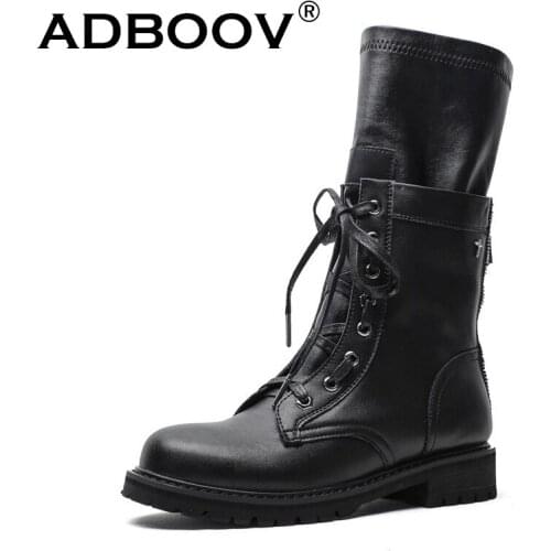 ADBOOV Mid-Calf Motocycle Boots Women Round Toe Back Zip Black Boots Bottines Pour Les Femmes