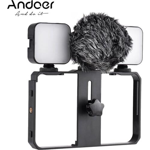 Andoer Smartphone Video Cage Kit for Phone Video Live Streaming with Mini LED Fill Lights Microphone Shock Mount Wind Screen