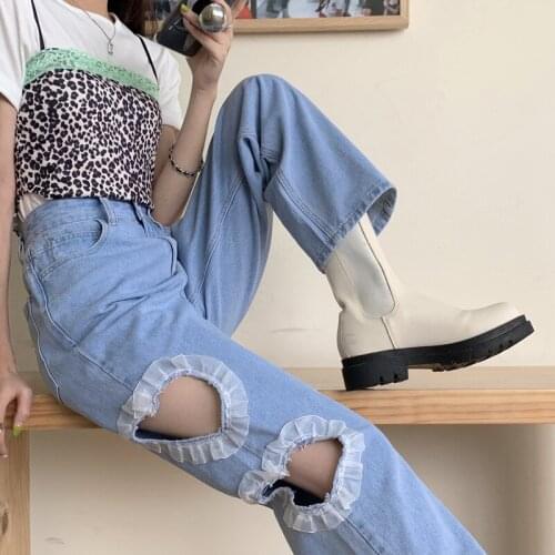 2021 Womens Straight Jeans Summer Love Holes Patchwork Blue Denim Pants Loose High Waist Fall Wide Leg Jean Trouser Female P006