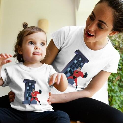 Mother Kids Clothes Alphabet Superman Graphic Top Boy Girl Short Sleeve Summer White Female T shirt Fashion Family Match Tee