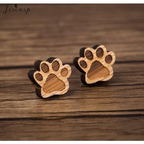 Jisensp Cute Pet Paw Earrings Wood Stud Earrings for Kids Children Cheap Wooden Earring Women Personality Gifts Wholesale