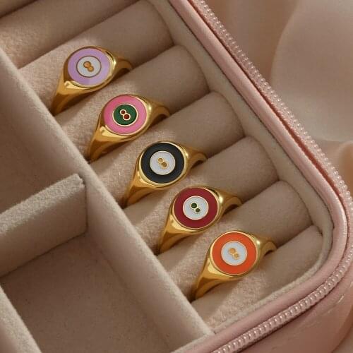 2021 New Colorful Purple Pink Green Red Orange Black Enamel Circle Pattern Number 8 Rings For Girl Tarnish Free Gold Ring