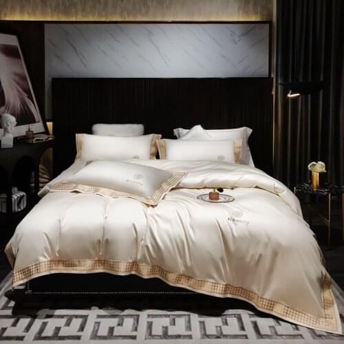 Luxury Pearl Color Embroidery Cotton Bedding Set Satin Duvet Cover Set Bed Linen Pillowcases Home Textile King Queen Size 4PCS