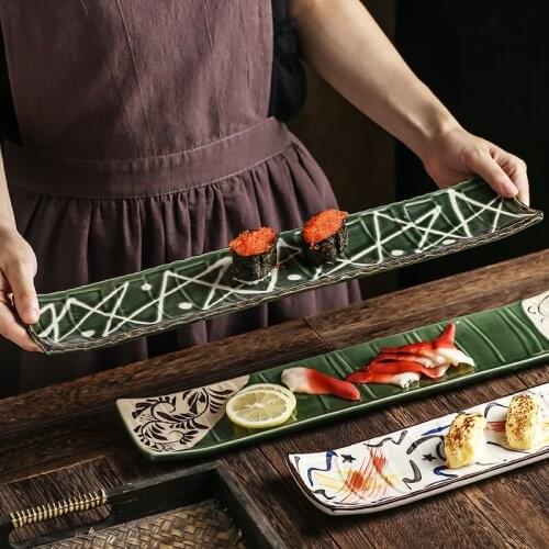 Creative hand painted ceramic Japanese sushi sashimi salmon super long plate handmade tableware dish