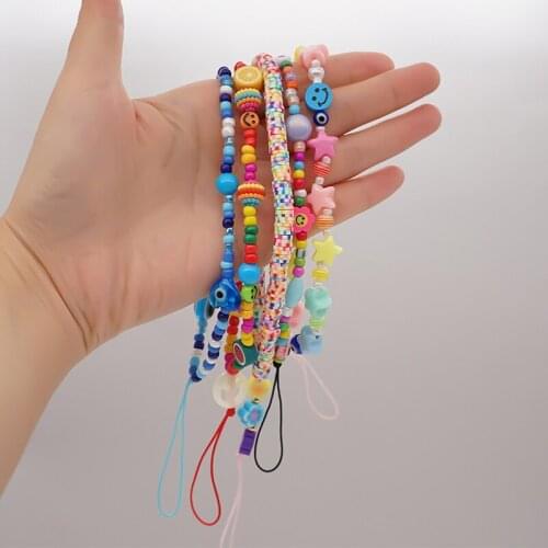 Ins Trendy Colorful Smiling Beads Chain Mobile Phone Chain Anti-lost Handmade Charm Acrylic Cord Lanyard for Women New arrival