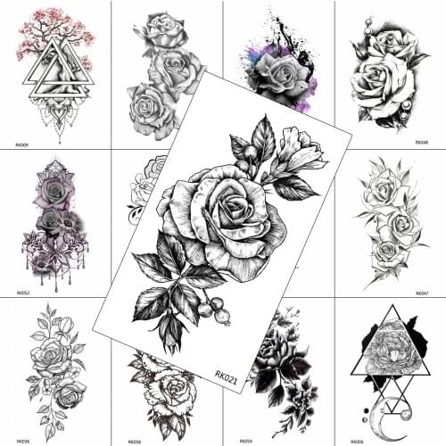 Black Realistic Flower Temporary Tattoos Sticker For Women Fake Jewelry Body Art Washable Tattoo Rose Arm Tatoos Drawing Sheet