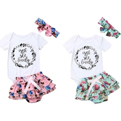 0-24M Newborn Infant Baby Girl Outfit Short Sleeve Bodysuit Tops +Floral Shorts+ Headband 3pcs Clothes Set