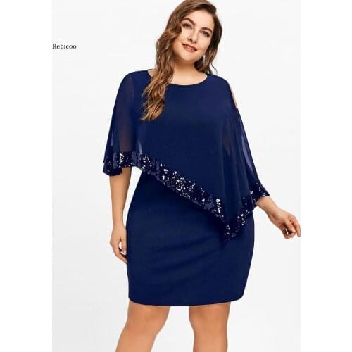 New Summer Women Dress Plus Size Cold Shoulder Overlay Asymmetric Chiffon O-Neck Sequins Bling Sundress