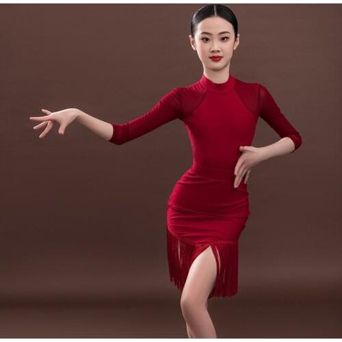 Latin Dance Clothes Girls Red/Blue/Black Fringe Dress Professional Rumba Tango Samba Cha Cha Dance Competition Clothing DQL5254