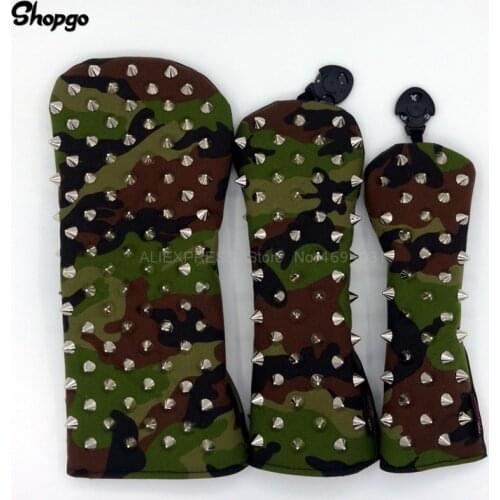 [Silver Rivets] Premium Camouflage Golf Headcovers Golf Driver Fairway Woods Rescue Covers Complete Set Mascot Novelty Gift