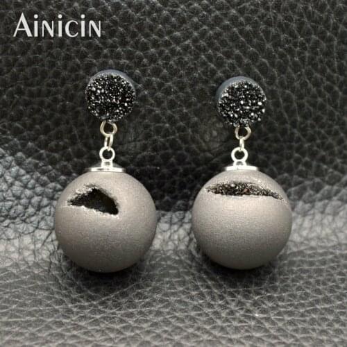 Natural Druzy Crystal Round Ball Dangle Earrings Black Geode Drusy Pin Fashion Women Gift Jewelry
