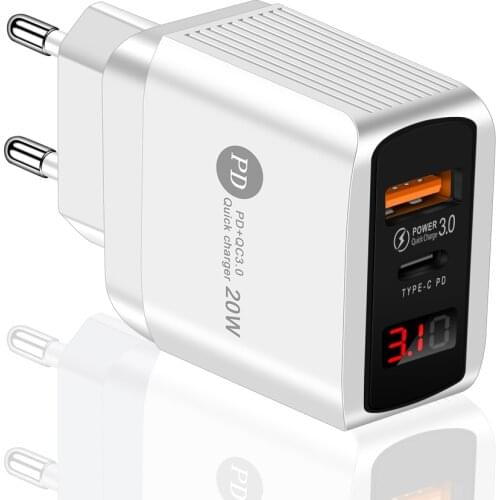 20W PD Charger QC3.0 Type C Quick Charger Mobile Phone Adapter wtih LED Digital Display Fast Charging Universal Travel Chargers