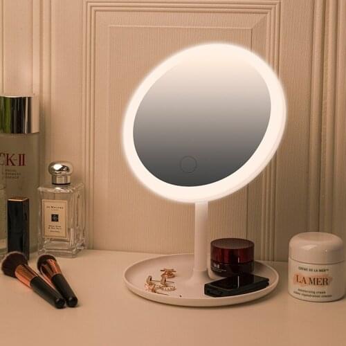 New LED Makeup Mirror Three Color Light Adjustable Touch Dimmer USB Charging Ladies Makeup Light Storage Round Shape Spin Mirror