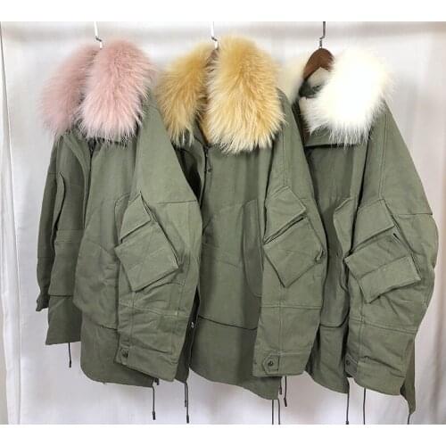 Real Fur Coat 2020 Winter Jacket Women Army Green Parka Raccoon Dog Fur Collar Natural Rabbit Fur Liner Loose Bomber Jacket Ins