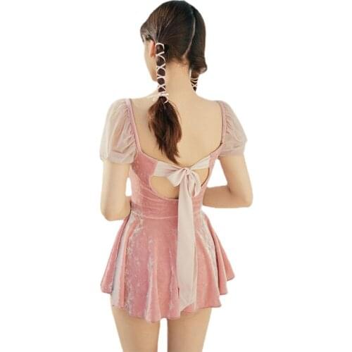 Women One Piece Suits Skirt Gold Velvet Bow Fairy Monokini Seaside Hot Spring Beach Swimwear Swimsuit Tankini Bathing Suit