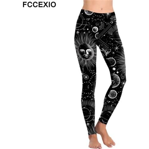 FCCEXIO Night Sky Sun Moon and Stars Digital Print Women Fitness Leggings High Waist Plus Size Fitness Stretch Sexy Tight Pants