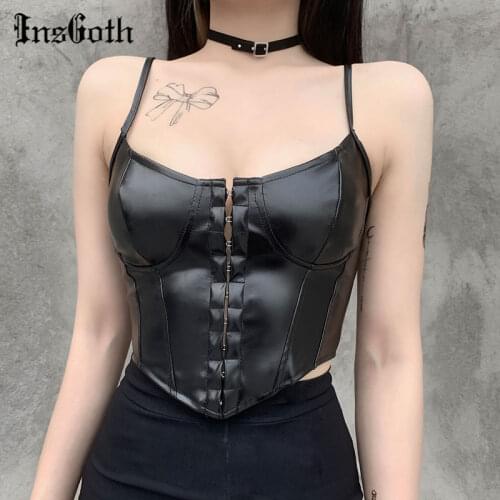 InsGoth PU Leather Y2K Camis Gothic Sexy Spaghetti Straps Black Camisole Punk Streetwear Bodycon Backless Women Cropped Tops