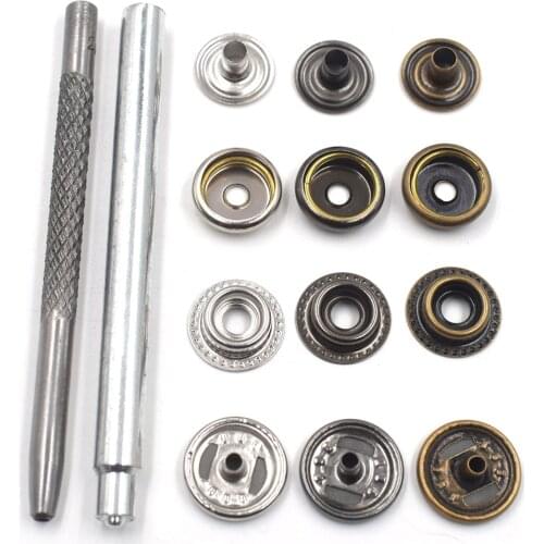 20sets buttons with 2 manual tools, fastener hammer sticks,hole puncher metal,ring shape Spring type snaps bulk clothing DIY