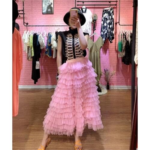 2021 Spring Elegant Ladies Party Skirt Elastic High Waist Tulle Skirt Women Multilayer Ruffles Mesh Mid-Length Tutu Skirt Y1285