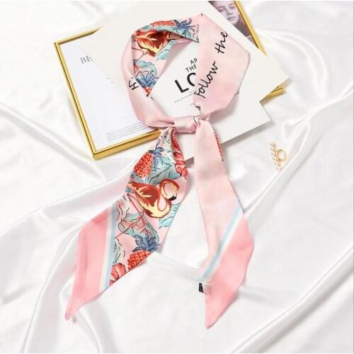2021 Skinny Women Silk Scarf Summer New Flamingo Animals Print Neckerchief Ties Foulard Femme Luxury Long Hair Ribbon Headscarf