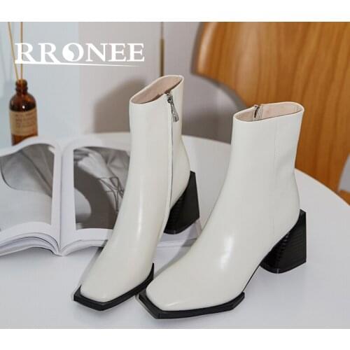 Thick heel boots womens high heel ankle boots temperament retro autumn and winter new womens shoes versatile leather boots squ
