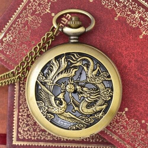 50pcs/lot Hot Sell Bronze Hollowed Dragon and Phoenix play Beads Pocket Watch High Quality Quartz Gift Watch Necklace
