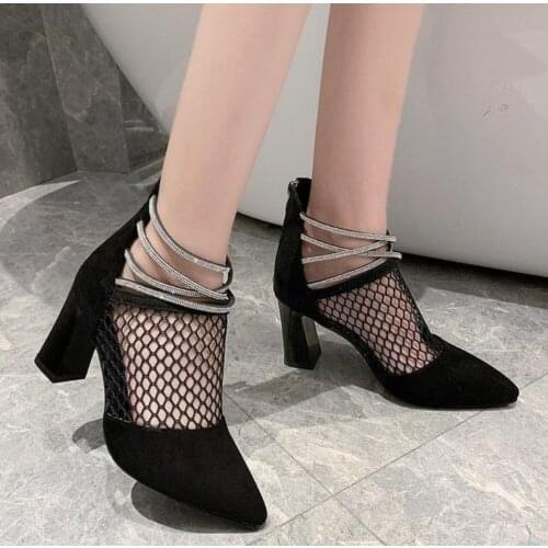 Elegant Women Mesh Sandals Fashion Pointed Woman High Heels Ankle Sequins Ladies Dress Shoes Thick Heel Female Cool Boot Summer