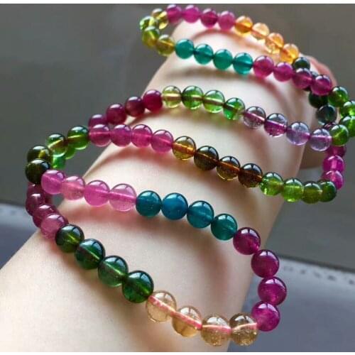 Genuine Natural Colorful Tourmaline Crystal Bracelet Fashion Woman Necklace Stretch 6.5mm Woman Clear Round Beads 3 Laps AAAAA