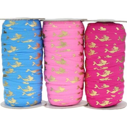 5/8" Gold foil Mermaid Printed FOE Fold Over Elastic for handmade Hair Tie Headband Accessory welcome custom printed