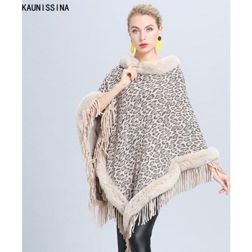 Elegant Leopard Print Women Cape Coat Faux Fur Knit Poncho Shawl Pullover Ladies Winter Autumn Tassel Cloaks Streetwear Outwear