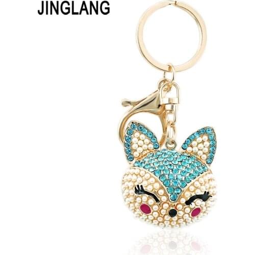 JINGLANG Gold Color Lobster Clasp Metal Keyring Dangle Crystal Pearl Fox Charm Animal Keychains For Women Luxury Handbag Jewelry